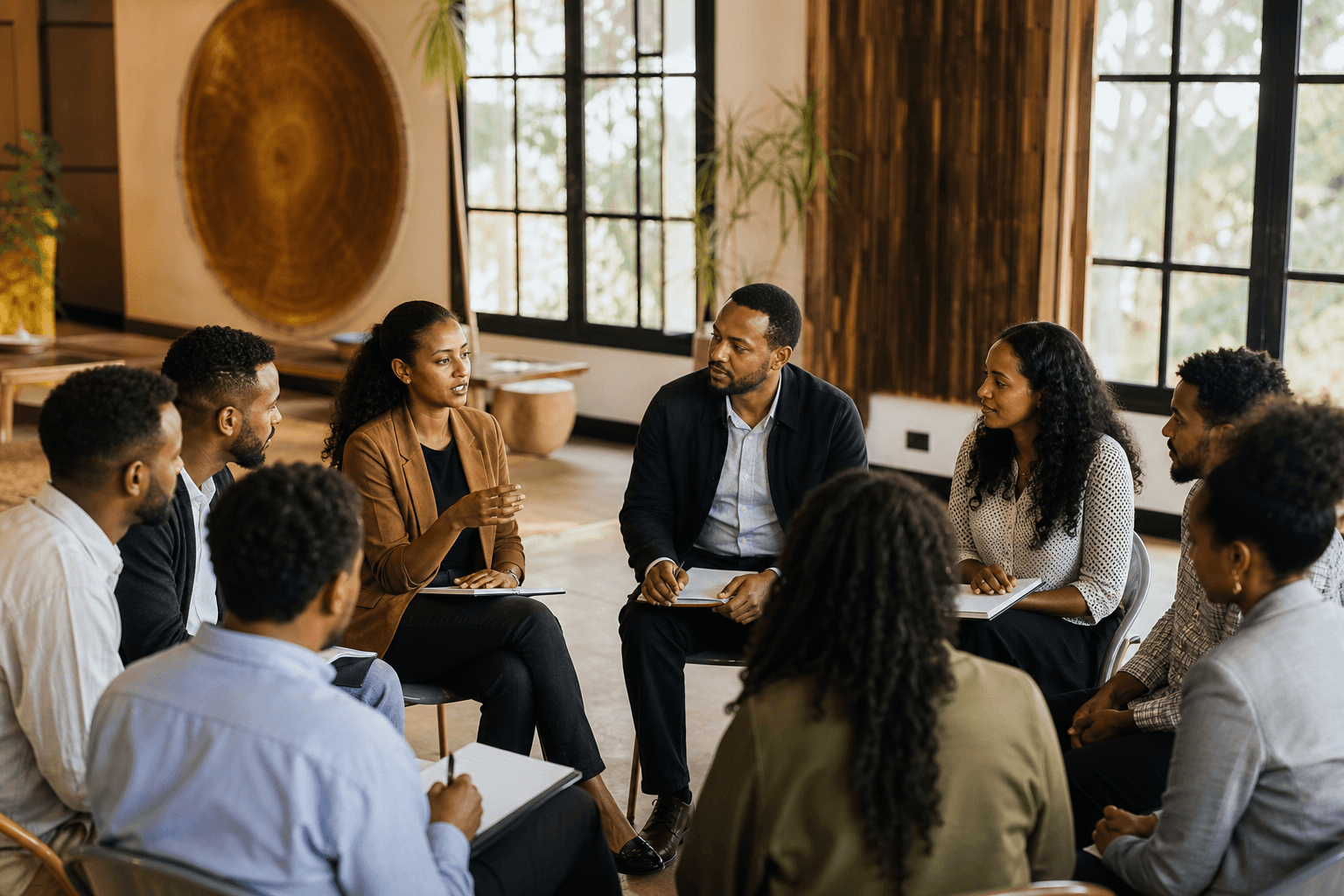 Young Ethiopian professionals and mentors engaged in a workshop discussion